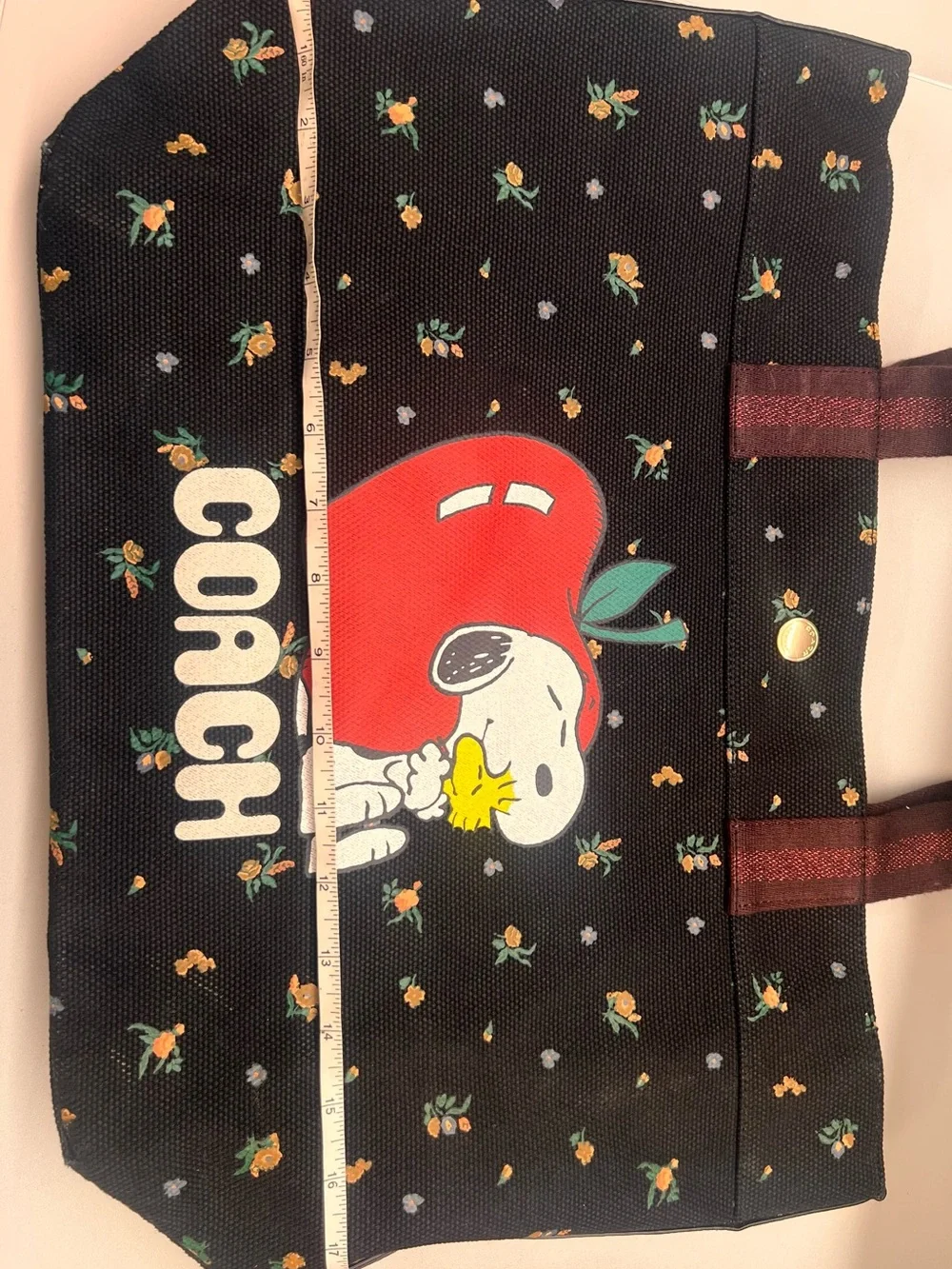 Coach Black Canvas Tote with Red Apple Snoopy Graphic